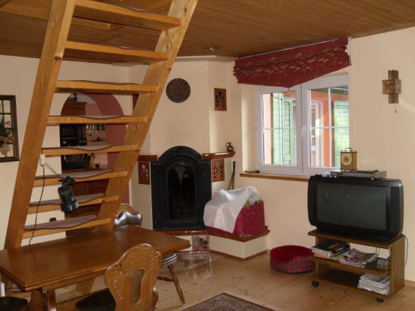 Salon z TV i kominkiem i wyjściem do lasu, po lewej - schody na I piętro.