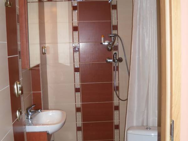 Jedna z dwóch nowoczesnych łazienek. Obie łazienki mają prysznic, wc i umywalkę.