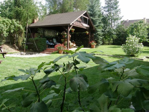 Widok na ogród i wiatę grillową. Wewnątrz wiaty znajduje się profesjonalny grill, wędzarnia i stoły biesiadne. Obok wiaty znajduje się krąg ogniskowy wraz z rusztem na statywie.