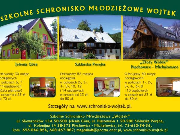 Szkolne Schronisko Młodzieżowe "Złoty Widok" w Piechowicach - Michałowicach oraz Szkolne Schronisko Młodzieżowe "Wojtek" w Jeleniej Górze i Szklarskiej Porębie