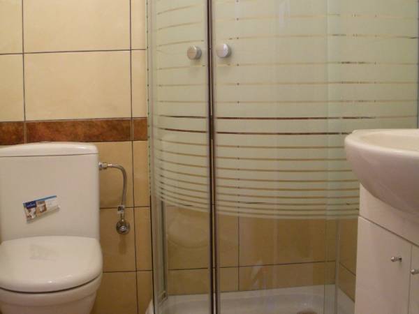 W domku znajduje się łazienka z prysznicem.