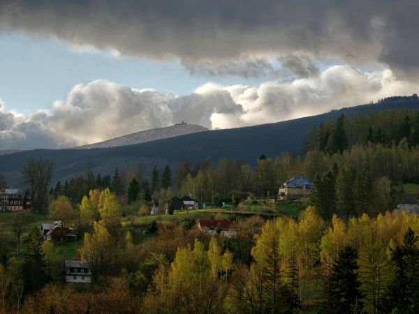Widok na Przesiekę, Czarny Grzbiet, Śnieżkę i Pilegrzymy