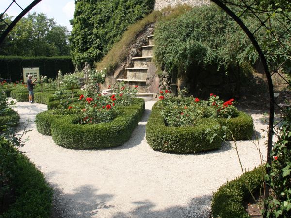 na tarasach ogrodów pałacowych - zauważmy, że romby kwiatowe mają kształt serduszek.