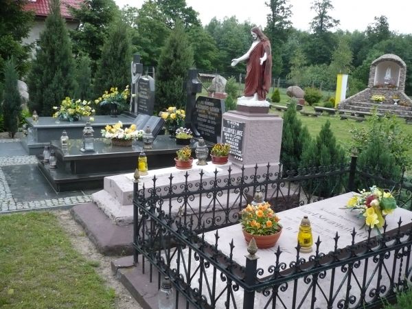 Groby proboszczów parafii a w tle grota MB
