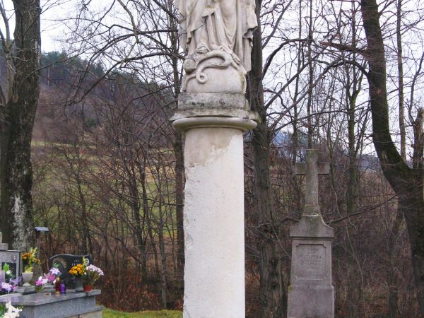 nagrobki na cmentarzu grzebalnym - na wzgórzu, w sąsiedztwie cerkwi. Figura piaskowcowa Matki Bożej umieszczona na kolumnie - obiekt wysokości ponad 3 metry - w