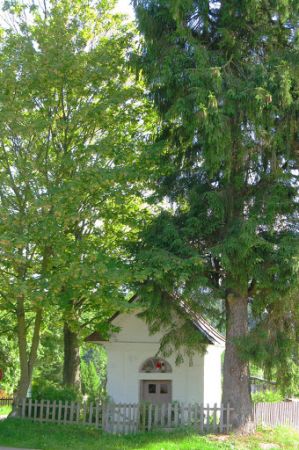 kapliczka przydrożna, zabytkowa, wzniesiona w XIXw. murowana, na rzucie prostokąta, zamknięta trójbocznie, od frontu nad wejściem półkoliste okienko, dach kalen