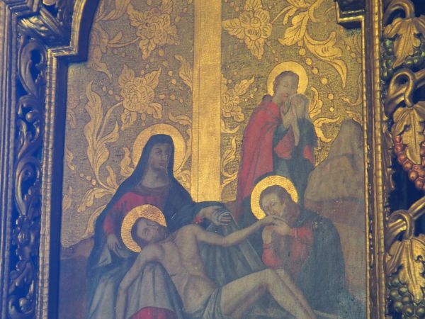 ikona przedstawia scenę "Chrystus po zdjęciu z krzyża". Jesteśmy w cerkwi łemkowskiej, dowiadujemy się też że słowo "żak" to określenie kościelnego cerkiewnego.