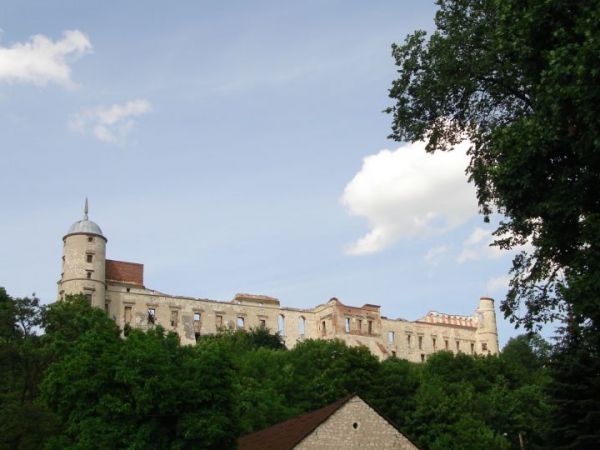 Widok na ruiny zamku z koscielnego dziedzinca.