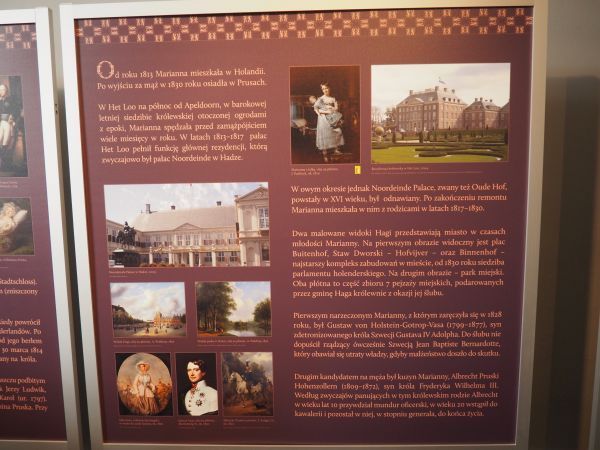 plansze tematyczne - na szlaku zwiedzania pałacu. Marianna Orańska - królewna holenderska w 1830r. jako dwudziestolatka wzięła ślub z kuzynem, księciem Albrecht