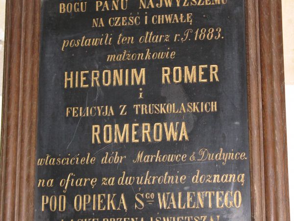 Tablica fundacyjna ołtarza św. Walentego przez Hieronima Romera i Felicję z Truskolaskich - 1883r.