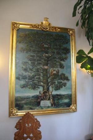 obraz przedstawia drzewo genealogiczne Reyów, na dole drzewa - jakby bazę stanowiąc - portret Mikołaja Reja /Reya/ ale pałac i dobra ziemskie od Tarnowskich dop