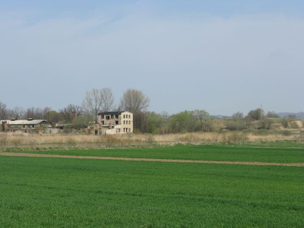 stara cegielnia - kiedyś szczyciła się znaną marką, produkty były cenione, w dali po prawej widać "ciosane zbocze" - tam pozyskiwano glinę dla potrzeb produkcji