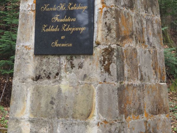 tzw. "Pamiątka" - obelisk z napisem na tablicy marmurowej, w podziękowaniu Karolowi hr. Załuskiemu. Pierwsza wzmianka o leczniczych właściwościach iwonickich źr