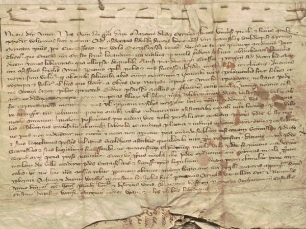 Akt lokacji na prawie niemieckim wsi Cieciszew z dnia 25 czerwca 1363r. Źródło – AGAD, Zb. dok. perg. nr Obory 1a (1363.06.25)