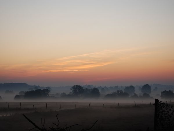 Poranek w Dziśnitach i mgły nad Ląkami.