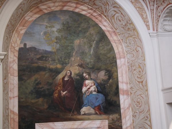 scena przedstawia : "Odpoczynek Świętej Rodziny w trakcie ucieczki"  - w ołtarzu bocznym na ścianie północnej nawy, z cyklu "Smutki św. Józefa" - kaplice wschod