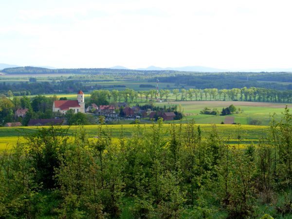 Panorama z Czubatki na kościół Niepokalanego Serca NMP na granicy Włosienia i Platerówki.