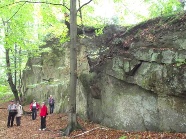 w gęstym lesie, puszczańskim niemalże, przy pomniku przyrody "Ściana skalna pod Kostryniem".