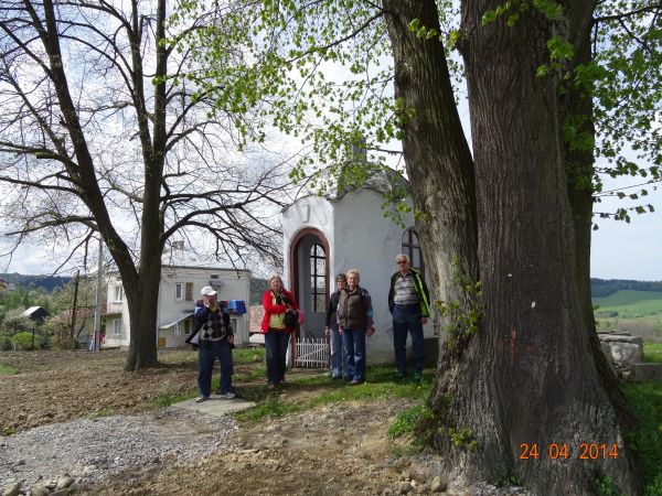przy zabytkowej kaplicy przydrożnej - jej bryła na rzucie ośmioboku, przykryta  blaszaną kopułą z tzw. latarnią - imitującą wieżyczkę sygnaturki,  zwieńczoną kr