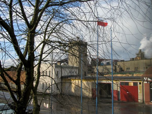 Widok z okien Urzędu Miasta na zakład płyt, Steico.