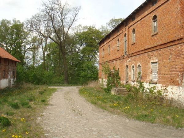Smokowo. Stare zabudowania folwarczne należące do Majątku Ziemskiego Smokowo. W oddali  pełen starych drzew park dworski ze stawem. Stary dwór niestety został s
