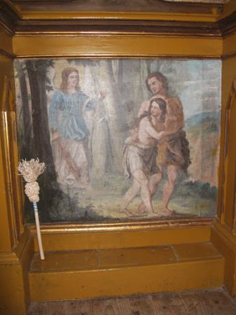 sceny biblijne - polichromia cerkiewna ścienna, może należy odczytać : Adam i Ewa w rajskim ogrodzie pozdrawiani przez anioła.
