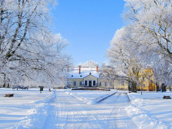 Pałac Sierakowskich w Waplewie w scenerii zimowej. Obecnie Muzeum Tradycji Szlacheckiej-Oddział Muzeum Narodowego w Gdańsku.