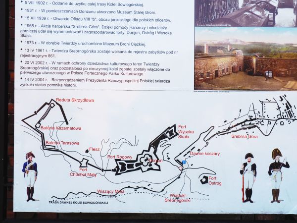 plansza - stacja edukacyjna z mapą, zdjęciami i kompendium wiedzy - aktywizuje formy poznawcze Twierdzy Srebrnogórskiej, która w 2004r. zyskała status  pomnika