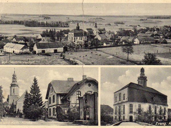 Zbylutów. Widokówka przedwojenna. Przedstawia widok z góry na wieś i kościół ewangelicki,oraz budynek poczty.