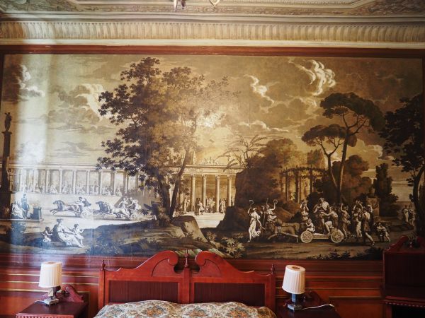 jesteśmy w sypialni w pawilonie letnim przy Pałacu Marii Walewskiej - ścianę zdobi tapeta - 200 lat już ma ta tapeta, jest wyjątkowa !