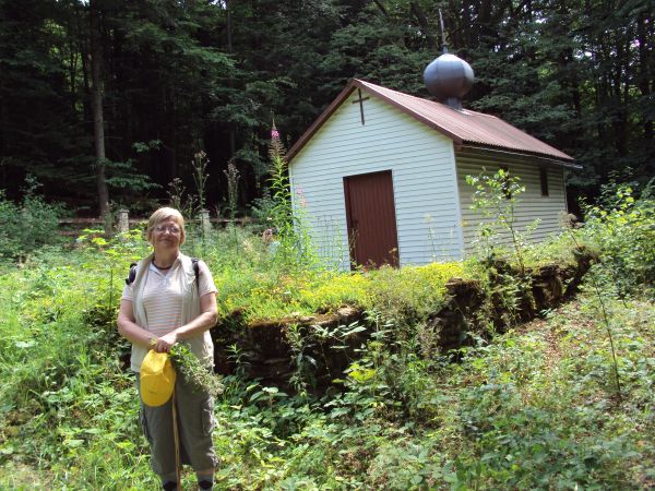 na cerkwisku : nowa, drewniana kaplica z krzyżem na blaszanej kopule, widać resztki kamiennej podmurówki po drewnianej cerkwi pw. św.Dymitra, zbudowanej w 1843r