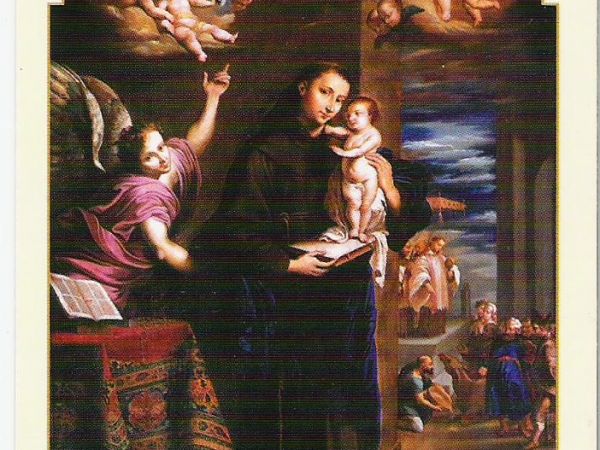 ze zbiorów prywatnych : przedstawienie św. Franciszka w otoczeniu aniołów, jest też scena ukazująca jak to w 1216r. udał się pieszo do Perugii, gdzie prosił ówc