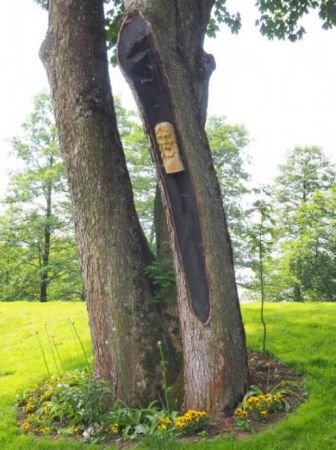 pień drzewa uszkodzony / odłupany przez piorun i w niszy umieszczona  rzeźba.