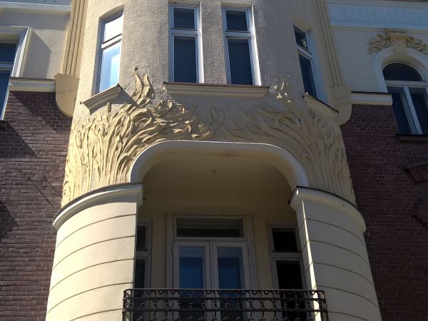 Fragment jednej z kamienic-kamienica z ważką.