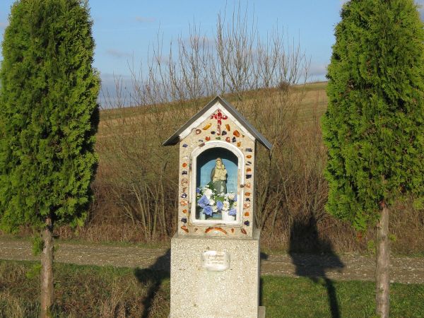 przy drodze do m. Dudyńce: kapliczka - w niszy figurka Matki Bożej z Dzieciątkiem.