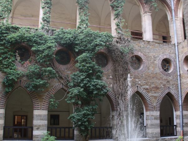 krużganki obiegające zamkowy dziedziniec, dzisiaj z "zastępczą" fontanną - ale bluszcz to już prawdziwy - pierwotny, 140 lat już tam te zamkowe mury ozdabia.