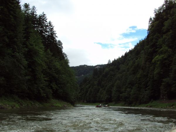 spływ Dunajcem - atrakcja Pienińskiego Parku Narodowego. Po lewej : zalesiona g. Facimiech - 579m npm, dalej : g. Czertezik - 722m npm,  po prawej g. Holica - 8