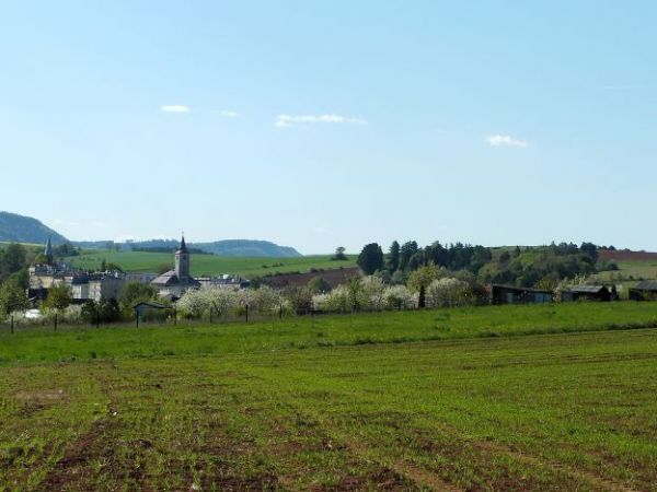 Położenie Radkowa wśród wzgórz i kwitnących sadów .