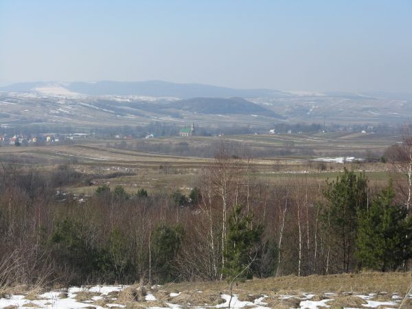 ze Stróżowskich Łazów - 502m npm - widok na wieś i pokrytą lasem górę Chełmiec - 410m npm /chełm - góra, chełmiec - góra mniejsza/  a za nią gród w Zboiskach. /