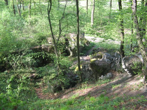 ruiny bunkra, uczestnicy rajdu PTTK O/Sanok na zboczu Góry Sobień; zdjęcie i rajd prowadzi: Maciek Skowroński.