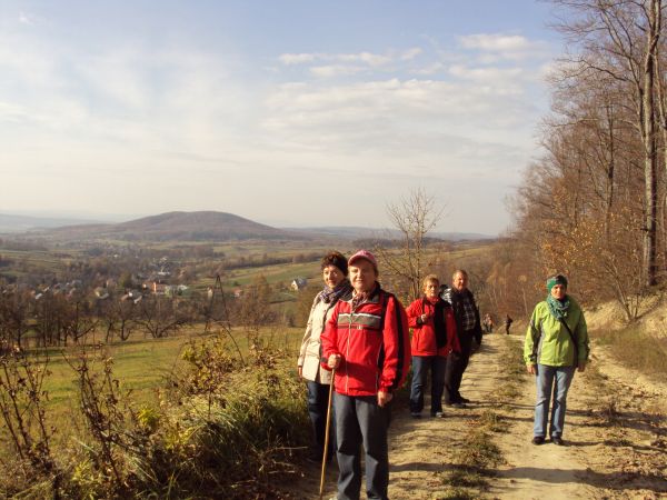 opuszczamy wieś - po prawej : sektor Lasu Gonszczawa a hen zalesiona g. Wroczeń - 498m npm i jako ciekawostka : na jej zachodnim zboczu ma źródła rzeka Stobnica