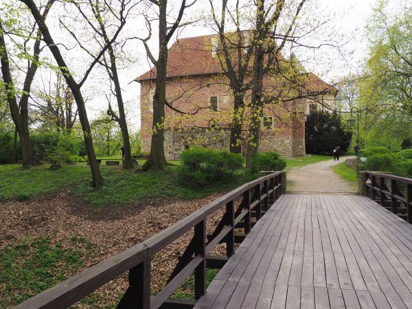 zamek - oczywiście na wzgórzu, otoczony był nawodnioną fosą - są ryciny przedstawiające sceny przeprawiania się łodziami, rejsów rekreacyjnych gości i mieszkańc