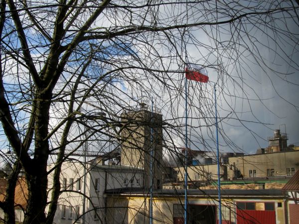 Widok z okien Urzędu Miasta na zakład płyt, Steico. Te białe obłoki wydostające się z kominów, to para wodna, główny mechanizm napedzający produkcję.