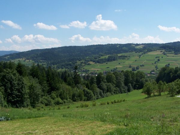 Widok na Skomielną Czarną i Groń (808 m) z osiedla Pańskie.