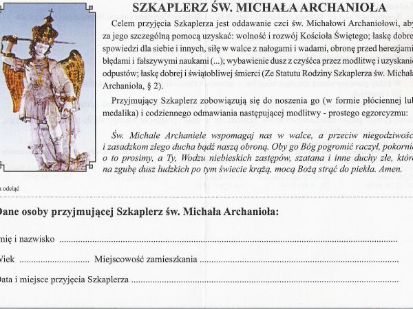 ze zbiorów prywatnych: Szkaplerz  Św. Michała Archanioła - Patrona Sanoka, wydany przez Siostry Michalitki z Miejsca Piastowego - X 2013r.