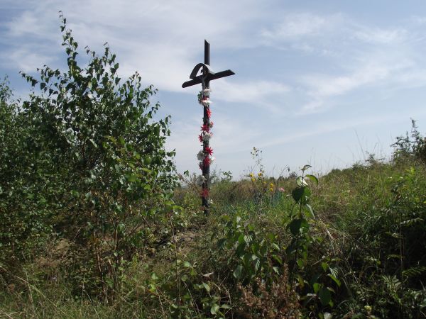 przydrożny krzyż upamiętnia miejsce, gdzie niegdyś kościół stał - i jak starsi powiadają - przed ołtarzem jego "krew się polała", bo...no i zbrukany krwią kości