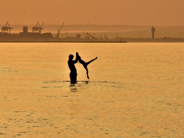 Plaża sobieszewska w pobliżu Apartamentów Bajkowa Plaża z widokiem na odległy gdański port