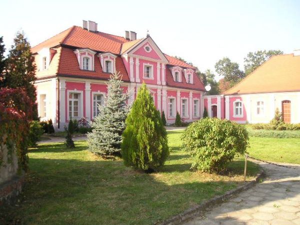 Plebania - z połowy XVIII w., z dachem mansardowym z lukarnami, przed nią kapliczka z figurą Serca Jezusowego.