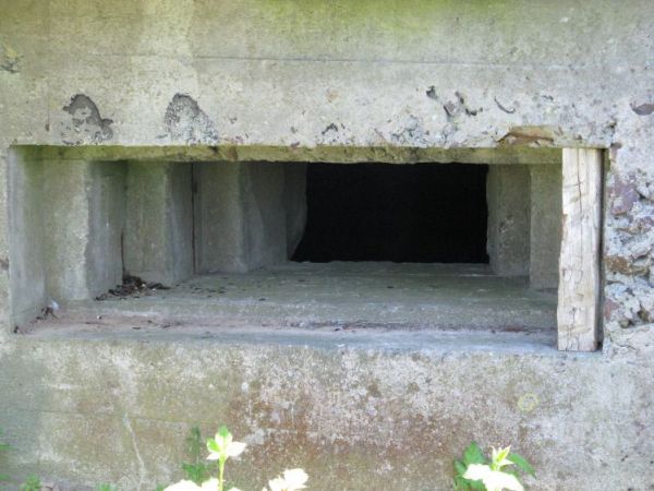 Jedna z dwóch strzelnic Schronu nr 2. PUNKT OPORU DOBIESZEWKO. Widoczne fragmenty zachowanego oryginalnego drewnianego szalowania Schronu.