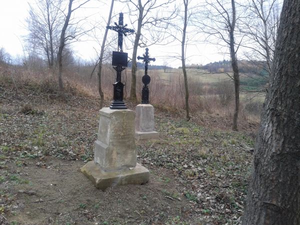 nagrobne pomniki - żeliwne krzyże w betonowych cokołach osadzone, na cmentarzu odkrzaczonym, uporządkowanym siłami wolontariuszy Stowarzyszenie Dziedzictwa Mnie